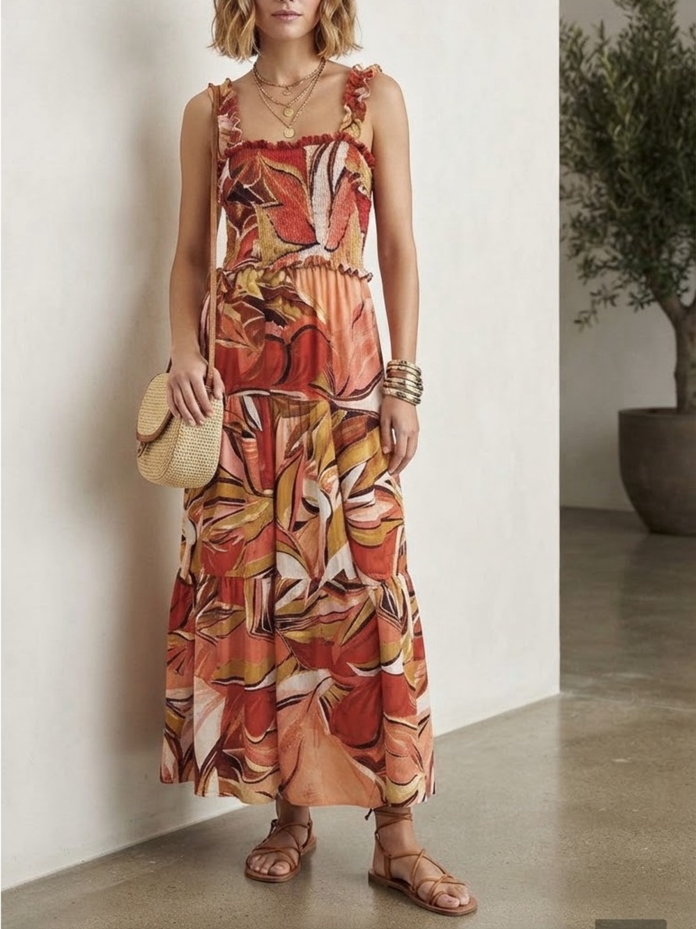 Jolie & Joy Orange Abstract Tropical Print Smocked Tiered Maxi Dress 🤩